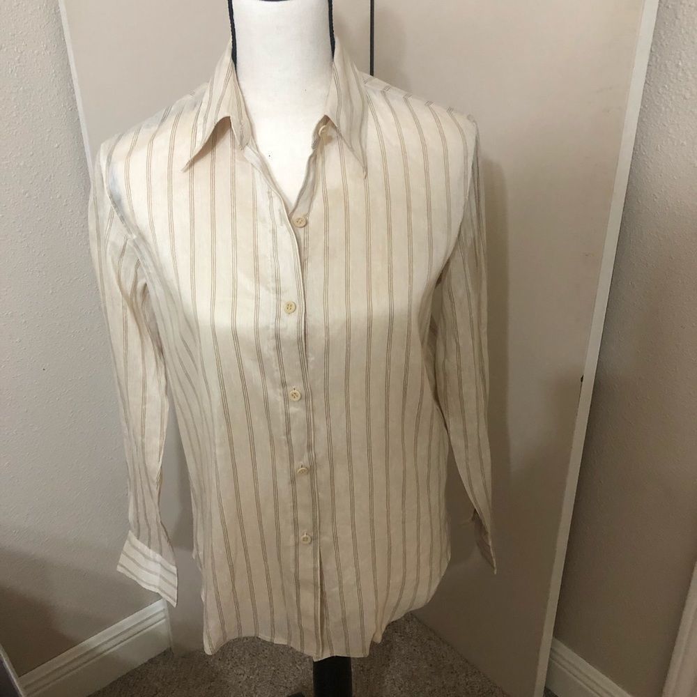 Anne Klein Linen/Silk Pinstriped Button Down Shirt. Preowned Sz 4 Petite Ivory